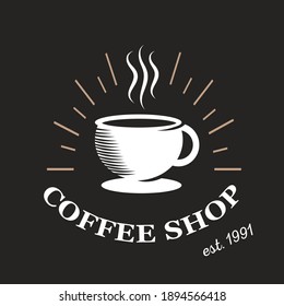 Coffee shop emblem, vector illustration on dark background