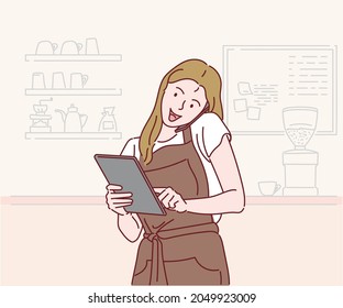 Coffee shop employees in brown apron confirm order, answer client calls, talking to customer on phone and looking at digital tablet. Hand drawn in thin line style, vector illustrations.