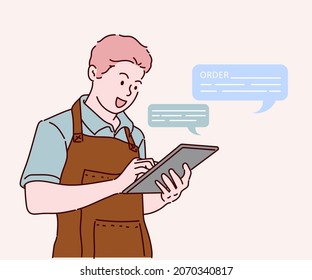 Coffee shop employees in brown apron confirm order, answer client calls, talking to customer on phone and looking at digital tablet. Hand drawn in thin line style, vector illustrations.