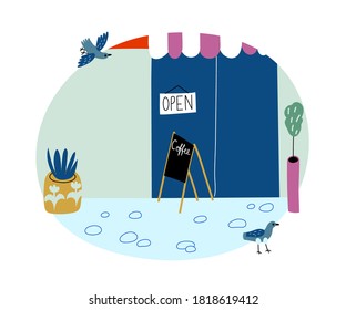 Coffee shop entrance background. Front view of open door to cafe, street with plants in pots and birds. Vintage style pattern vector illustration. Retro creative design facade.