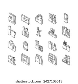 Coffee Shop Equipment Collection isometric icons set. Coffee Cafe Device For Prepare Delicious Energy Drink And Pastry Dessert, Milk And Cream Concept Linear Pictograms. Contour Color .