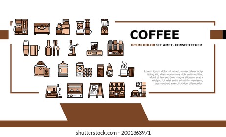 Coffee Shop Equipment Landing Header Vector. Coffee Cafe Device For Prepare Delicious Energy Drink And Pastry Dessert, Milk And Cream Illustration