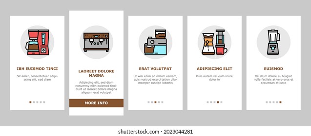 Coffee Shop Equipment Onboarding Mobile App Page Screen Vector. Coffee Cafe Device For Prepare Delicious Energy Drink And Pastry Dessert, Milk And Cream Illustrations