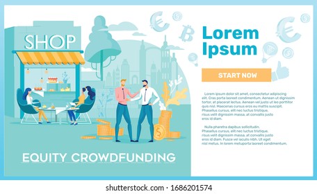 Coffee Shop Equity Crowdfunding, Vector Banner. Entrepreneur Agrees to Sell Certain Part his Business to Investor. Men Shake Hands as Sign Successful Arrangement or Stake in his Company on Investment.