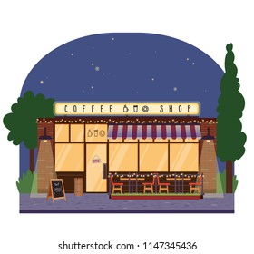 Coffee shop in the evening. Vector cartoon illustration.