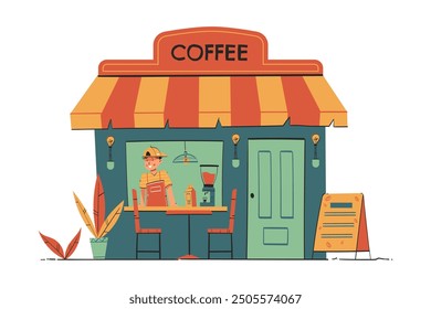 Coffee Shop Exterior with Barista Illustration