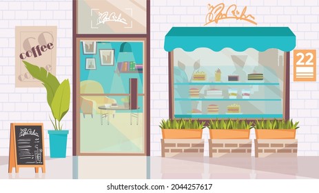 Coffee shop exterior concept in flat cartoon design. Showcase with desserts, menu and plants, glass door, interior of cafeteria with table and armchair. Vector illustration horizontal background