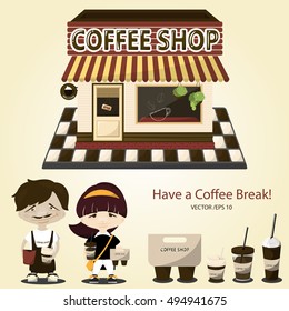 Coffee shop exterior design.Bird eye view.Barista with cup of coffee.take out coffee with brown cap and cup holder.Vector/Illustration.
