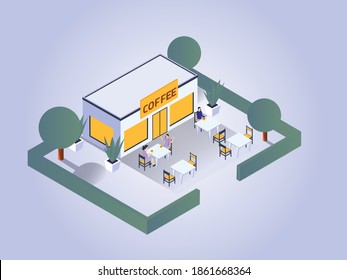 Coffee Shop Exterior Isometric Vector 3D Flat Design