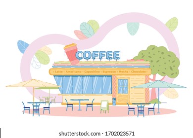 Coffee Shop Exterior with Outdoors Seats on Terrace. Modern Facade Design with Glass Showcase. Cafeteria Architecture Building and Outside Tables. Spring Summer Landscape. Vector Illustration