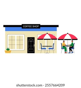 Coffee Shop Exterior With Seating Area And Couple Dining In Flat Vector Illustration Symbolizing Socializing, Leisure, And Outdoor Cafe Experience, Isolated On White Background