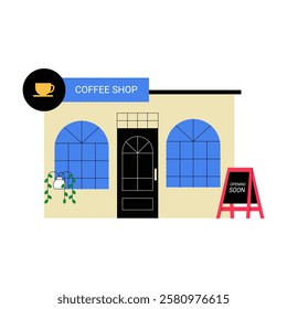 Coffee Shop Exterior With Sign And Outdoor Seating In Flat Vector Illustration Symbolizing Cafe Business, Hospitality, And Coffee Culture, Isolated On White Background