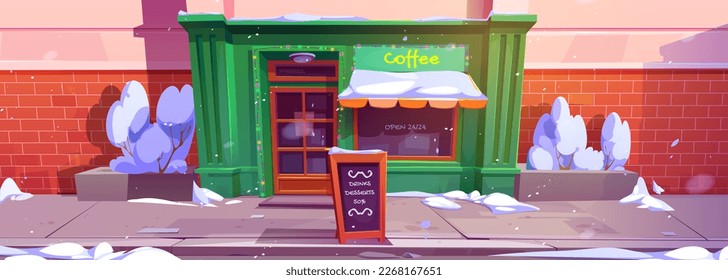 Coffee shop exterior in winter. Vector cartoon illustration of city cafe facade decorated with colorful garland, large window and wooden door, Christmas discount announcement on street sidewalk