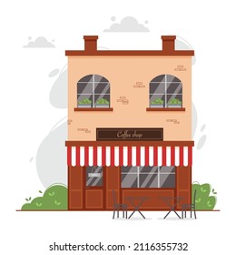 Fachada de café con ciego solar o marquesa. El exterior de una cafetería con terraza o veranda, mesas y sillas para los visitantes. Ilustración vectorial de la parte delantera de la cafetería.