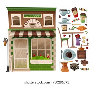 Coffee shop facade which showcases the addition of isolated individual elements on a white background