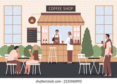 Coffee shop flat background with barista making drink and customers sitting at outdoor tables vector illustration