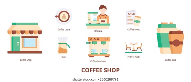 Coffee Shop Flat Banner Web Icon Set Vector Illustration