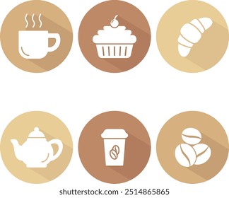 Coffee shop flat design icons. Round and colored icons with long shadow. Icons set vector illustration.