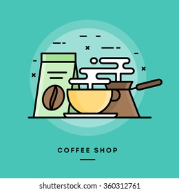 Coffee shop, flat design thin line banner, usage for e-mail newsletters, web banners, headers, blog posts, print and more