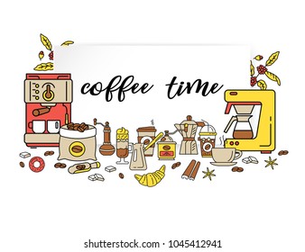 Coffee shop flat line collection drink decorative banner. Modern icons for coffee shop and coffee house. Colorful template for for your design, prints and illustrations. Flat style Vector
