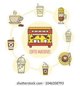 Coffee shop flat line collection drink consept. Modern icons for coffee shop and coffee house. Colorful template for for your design, prints and illustrations. Flat style Vector