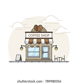 Coffee shop. Flat style coffee shop building with background of silhouette city. Coffee shop store building in flat design. Coffee break shop illustration