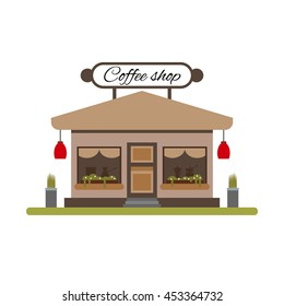 Coffee shop in flat style - vector illustration stock. Infographic elements. Market icon with showcases isolated on white background. Store on the street.