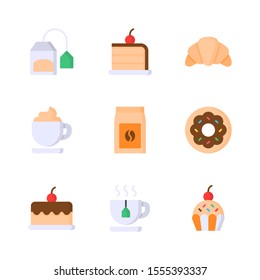 Coffee Shop Flat Vector Icon Set 2, Tea Bag, Cake, Croissant, Cappuccino, Coffee Bag, Donut, Tea Cup and Cup Cake