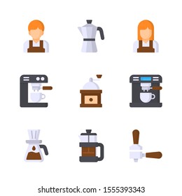 Coffee Shop Flat Vector Icon Set 3, Barista, Moka Pot, Coffee Machine, Grinder, Dripper, French Press and Tamper