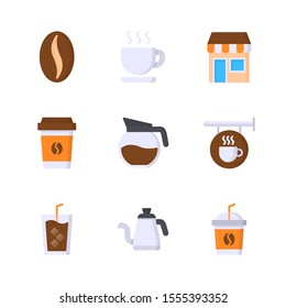Coffee Shop Flat Vector Icon Set 1, Bean, Coffee Cup, Cafe, Paper Cup, Cafe Sign, Iced Coffee and Kettle