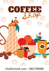 Coffee shop flyer or menu card template with coffee utensils and tiny people characters. Pastry or cafeteria advertising banner background flat vector illustration.