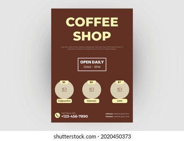 Coffee shop flyer template. Cafe promotion flyer poster design. Cafe in town flyer design template