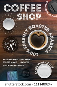 Coffee shop flyer template on vintage wood texture background. Advertising invitation in A4 format brochures, posters, banner, leaflet. Vector illustration  