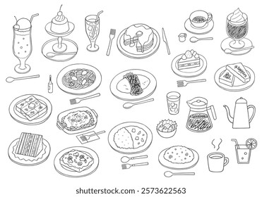 Coffee shop food hand drawn illustration set