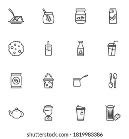 Coffee shop food line icons set, outline vector symbol collection, linear style pictogram pack. Signs, logo illustration. Set includes icons as cake, honey, milk, cookie, roasted coffee bean, cupcake
