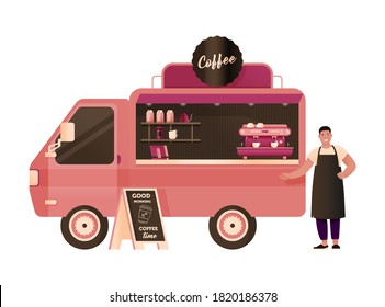 Coffee Shop. Food Truck. Modern Flat Concept. Street Food Truck Van, Young Barista Man in Apron Inviting For Cup of Coffee, Coffee Maker. Blackboard with Greetings.