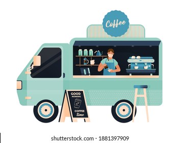 Coffee Shop. Coffee Food Truck. Modern Flat Concept. Coffee Street Food Truck Van, Young Barista Female in Mask Pouring Milk into Cup, Coffee Maker. Blackboard with Greetings.