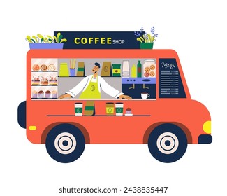 Coffee shop food truck. Street cafeteria van on wheels with barista. Small business.