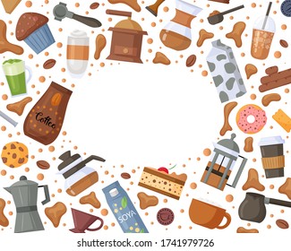 Coffee shop frame with coffee maker elements, sweets and different type of coffee. Design for menu, logo, packaging, poster, banner, print. Vector illustration.