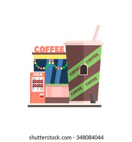 Coffee Shop Front in Christmas. Flat Vector Illustration
