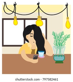 coffee shop girl alone on table vector 
