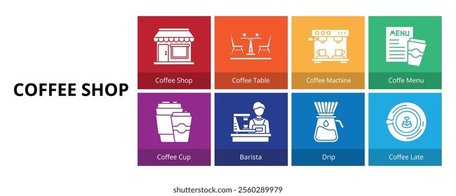 Coffee Shop Glyph Solid Banner Web Icon Set Vector Illustration