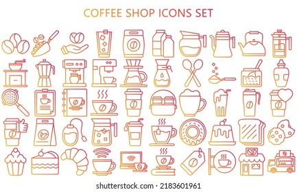 Coffee Shop Gradient Outline Icon Set, Cafe, Tea, Shop, Ice, Cocktail, Coffee Maker, French Press, Mill, Pot, Beans And More. Use For Ui, Ux Kit And Application. Vector Eps 10 Ready Convert To SVG.