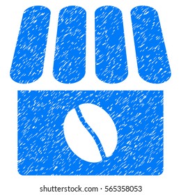 Coffee Shop grainy textured icon for overlay watermark stamps. Flat symbol with scratched texture. Dotted vector blue ink rubber seal stamp with grunge design on a white background.