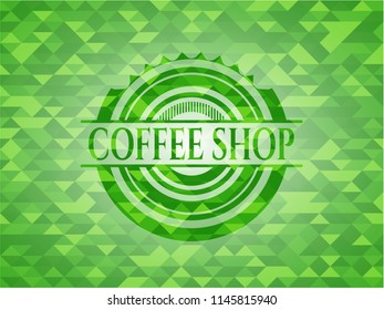 Coffee Shop green emblem with triangle mosaic background