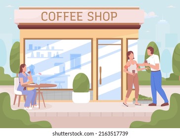 Coffee shop and guests in city garden flat color vector illustration. Small cafe building. Fully editable 2D simple cartoon characters with cityscape on background. Recursive font used