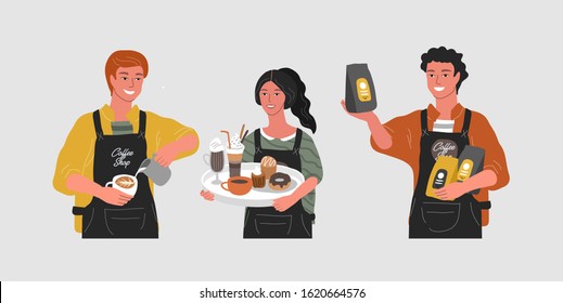 Coffee shop hand drawn character. Cartoon smiling woman waitress character hold tray with various coffee pots, man sells packaged coffee, barista make cappuccino or latte art. Vector illustration