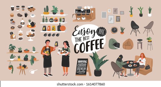 Coffee shop hand drawn collection . Cartoon constructor set. Small business, houseplant and interior decoration, logo lettering and quote, barista character, coffee pots sweets