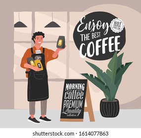 Coffee shop hand drawn collection . Cartoon man barista character standing next to stand with handwritten quote, near entrance to cafe and sells packaged coffee. Vector illustration