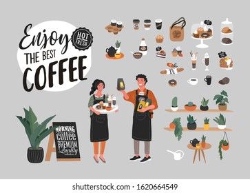 Coffee shop hand drawn collection . Cartoon constructor set. Small business, houseplant and interior decoration, logo lettering and quote, barista character. Vector illustration